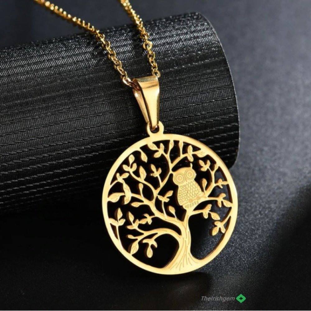 Gold Stainless Owl Tree of Life Necklace